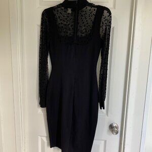Sheer Polka Dot Long Sleeve Black Bodycon Dress With Mock Neck & Back Zip Closur